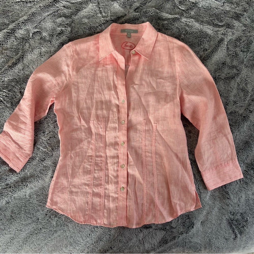 Foxcroft Women's Linen Button-Up Shirt Size 6 Red White Striped Fitted 3/4 SLV